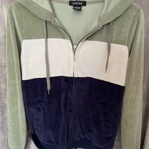 COCOA Womens L Velour Hoodie Color Block Green Cream Purple Zip Up